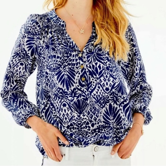 Lilly Pulitzer Navy and White Blouse-Elsa Silk - Picture 2 of 7